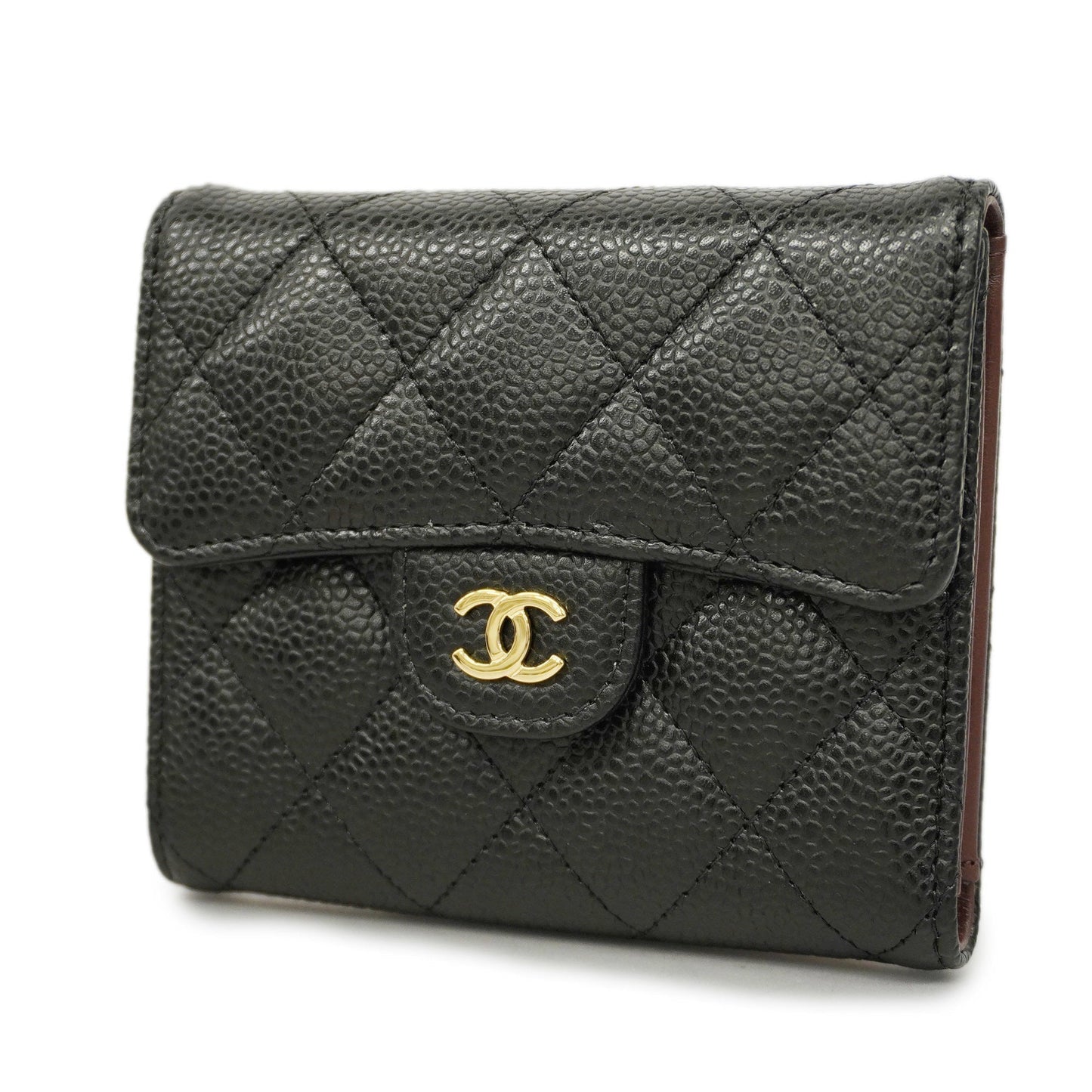 Chanel[3ca0380] Auth  tri-fold wallet Matelasse caviar skin black gold metal