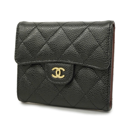 Chanel[3ca0380] Auth  tri-fold wallet Matelasse caviar skin black gold metal