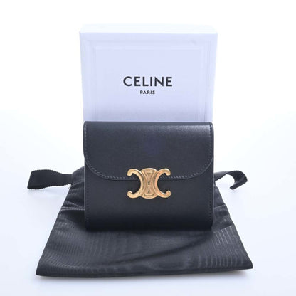Celine Leather Triomphe Trifold Wallet Black Ladies