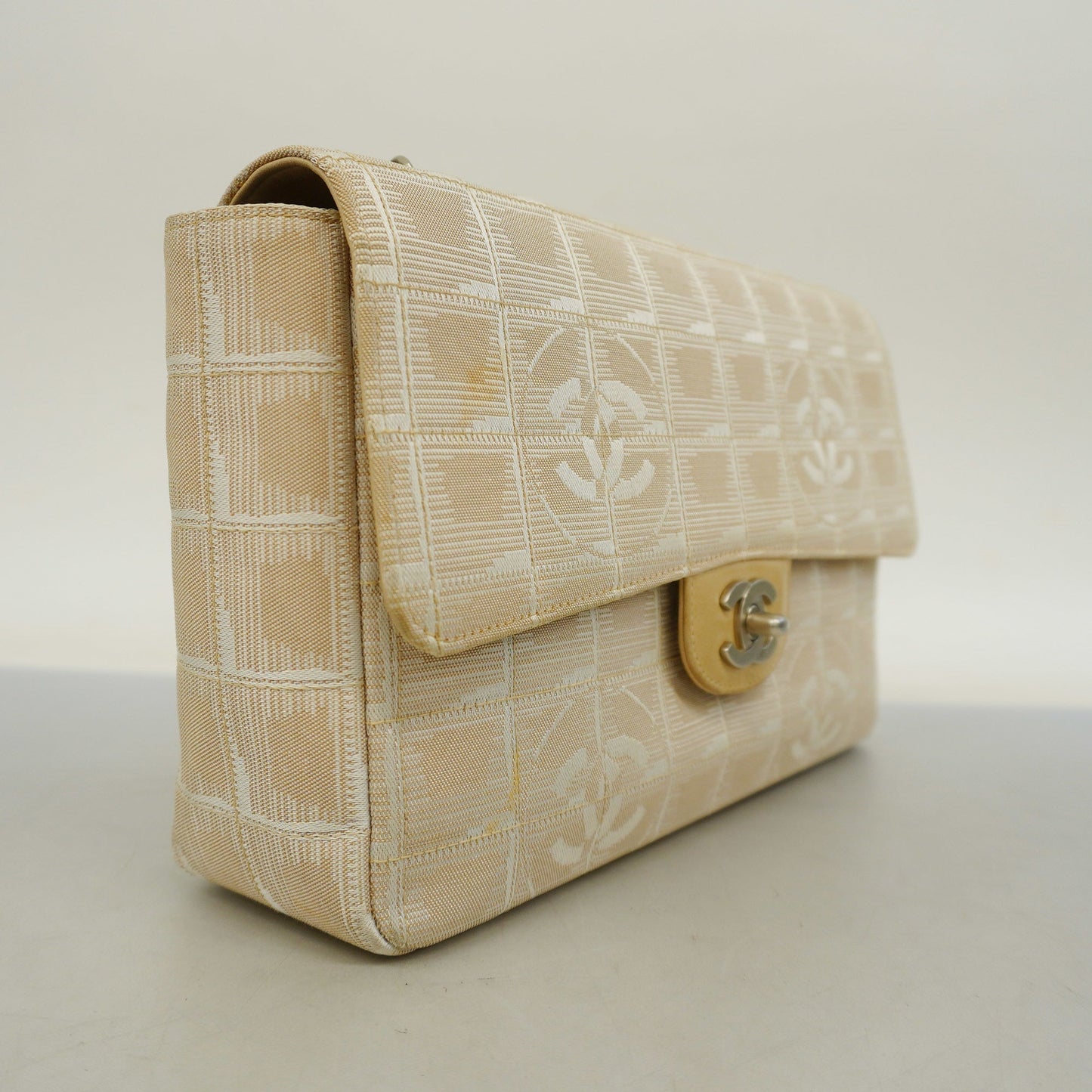 ChanelAuth  Chocolate Bar New Travel W Chain Nylon Canvas Shoulder Bag Beige