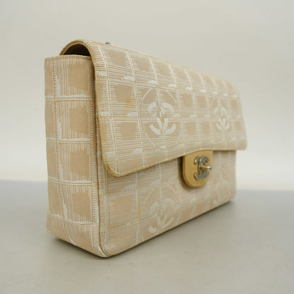 ChanelAuth  Chocolate Bar New Travel W Chain Nylon Canvas Shoulder Bag Beige