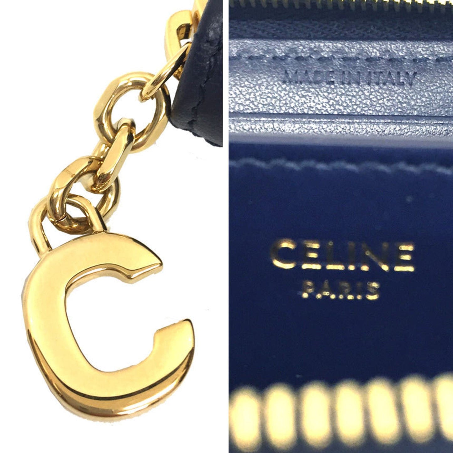 Celine folding wallet 10B663BFL COMPACT ZIPPED WALLET C CHARM coin case quilted navy