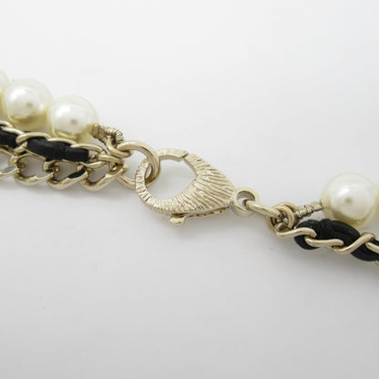 CHANEL Belt with pearls B21K Gold Black leather metal AB7084