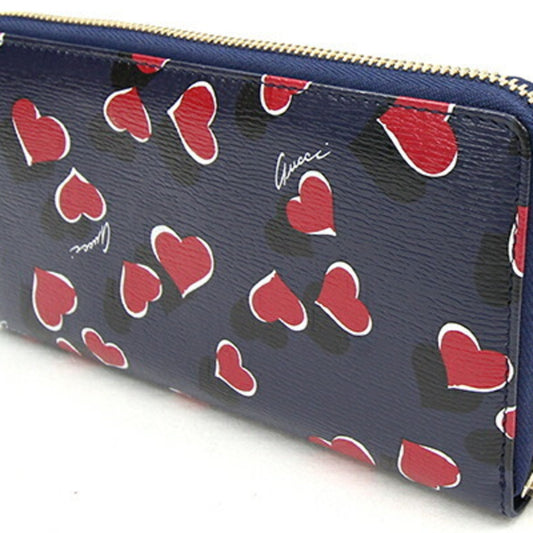 GUCCI Round Long Wallet 309705 Navy Red Leather Heart Ladies