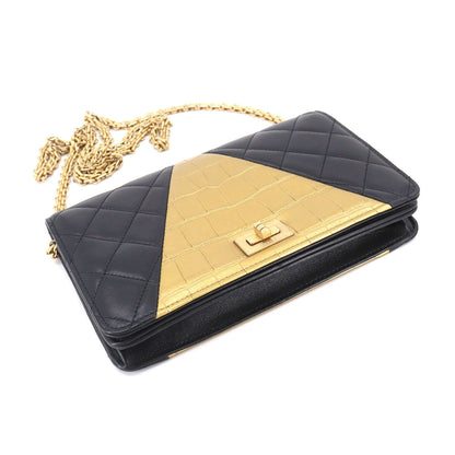 CHANEL 2.55 Chain Wallet Long Leather Black Gold Embossed Matelasse