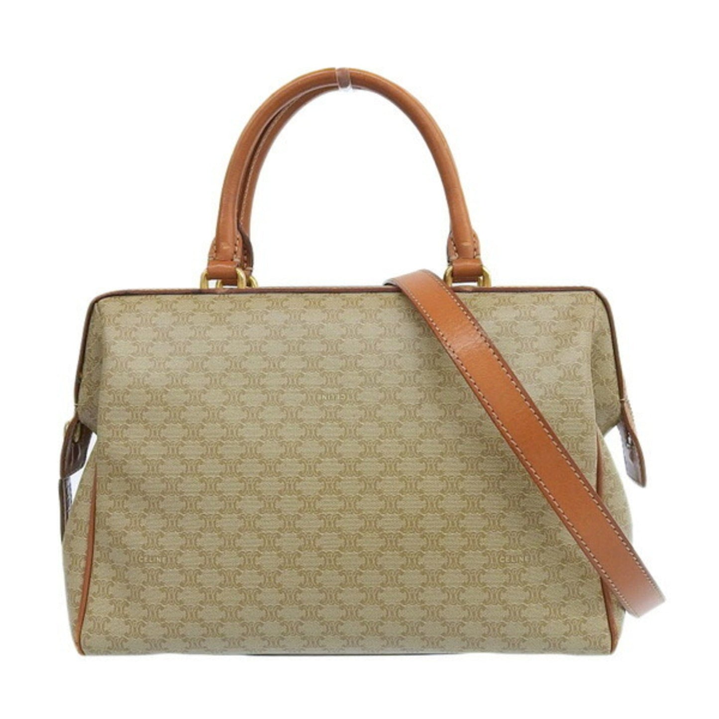 Celine Macadam Handbag Boston Bag Beige Brown Ladies