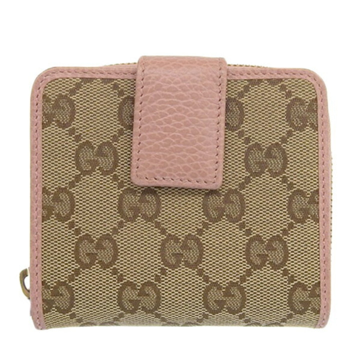 GUCCI GG Canvas Leather Round Bifold Wallet 346056 Beige/Pink Women's