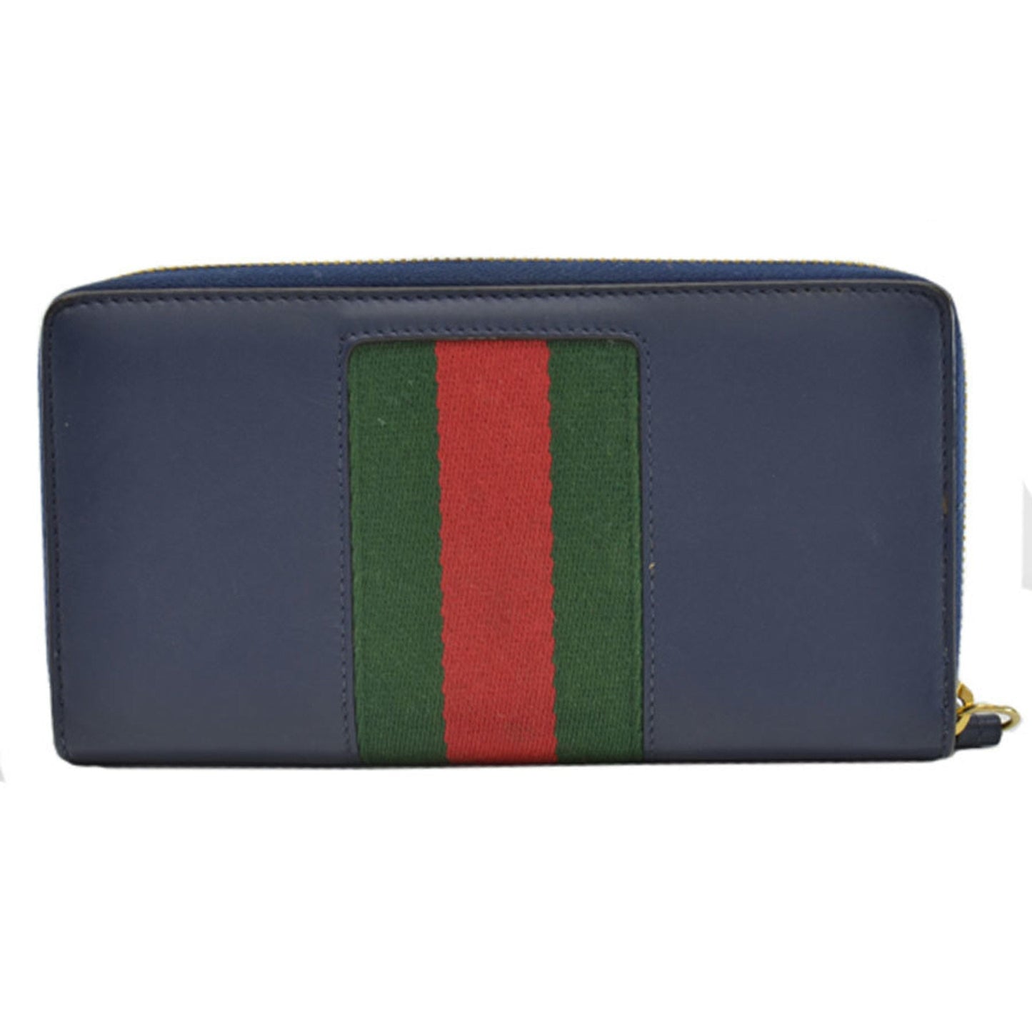 Gucci Long Wallet Silvi Navy x Gold Green Red Leather Metal Material Canvas Round Zipper Women's 476083