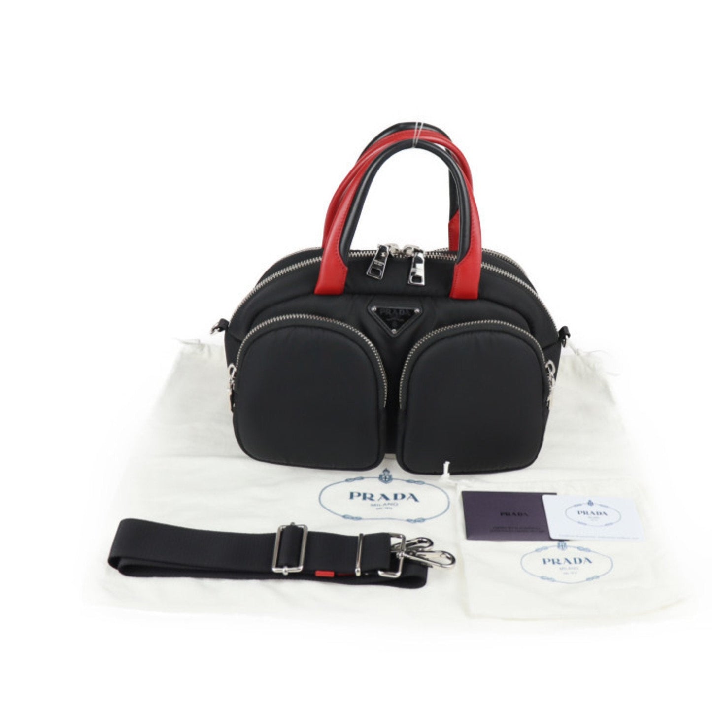 Prada TESSUTO POCKET handBag 1BB062 nylon leather black red silver hardware 2WAY shoulder Bag mini Boston bomber