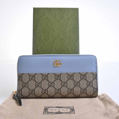 Gucci GG Supreme Marmont Zip Around Long Wallet Beige/Blue PVC Leather