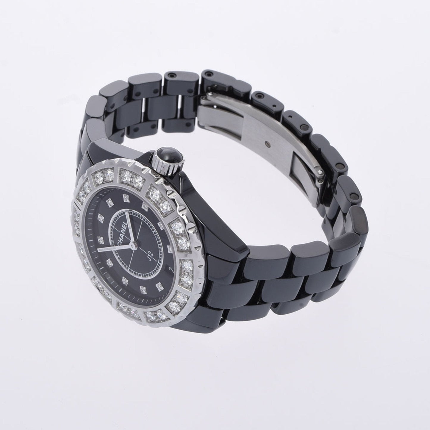 CHANEL J12 38mm 11P Diamond Bezel H2428 Men's Black Ceramic SS Watch Quartz Dial