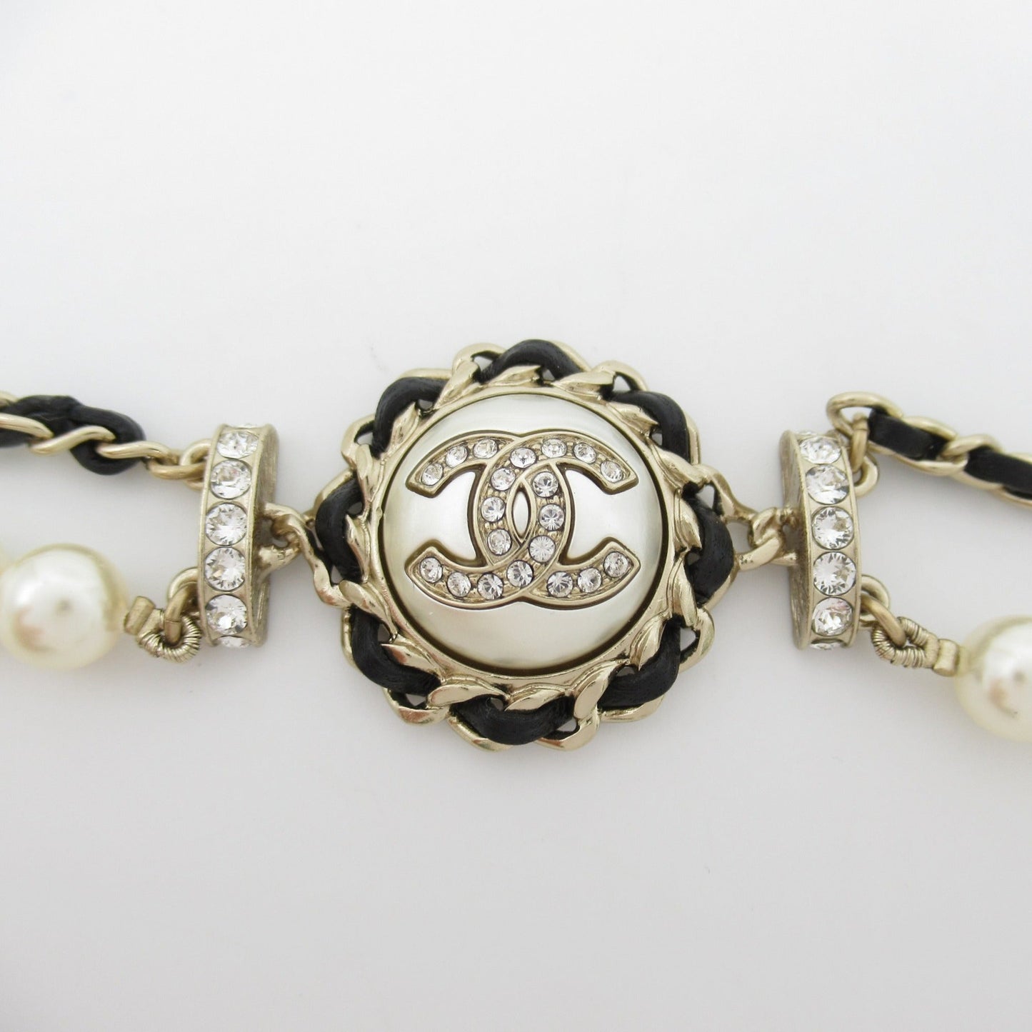 CHANEL Belt with pearls B21K Gold Black leather metal AB7084