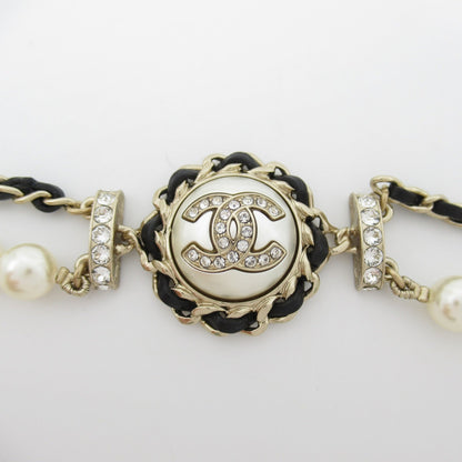 CHANEL Belt with pearls B21K Gold Black leather metal AB7084