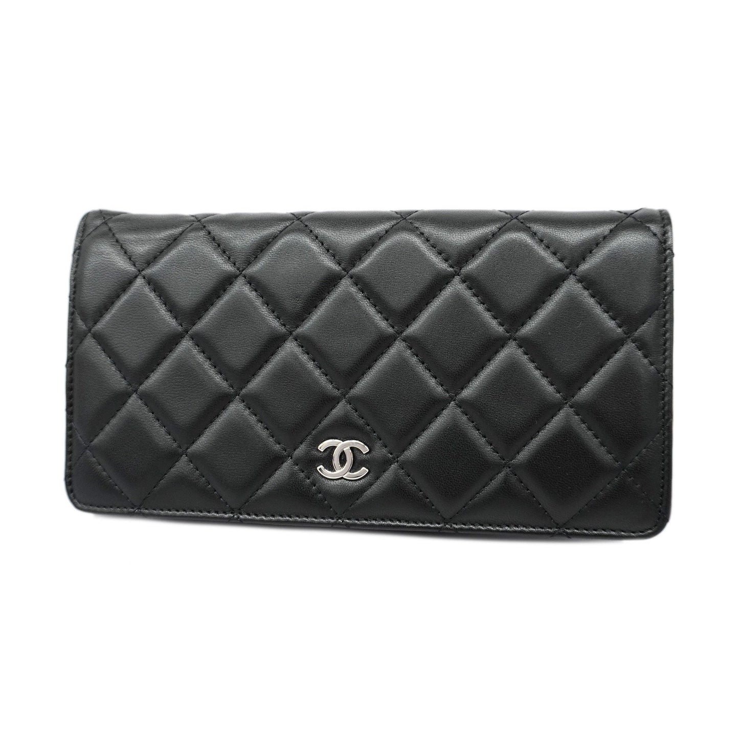 ChanelAuth  Matelasse Silver Metal Fittings Women's Lambskin Long Wallet Black