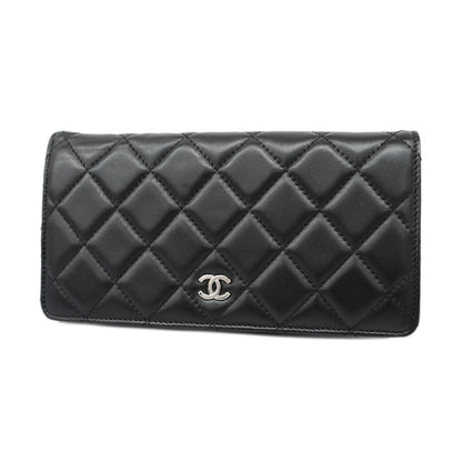 ChanelAuth  Matelasse Silver Metal Fittings Women's Lambskin Long Wallet Black