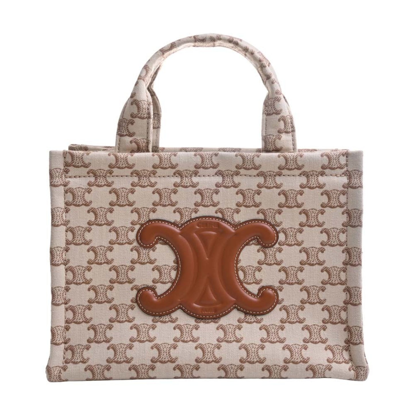 Celine Small Hippo Tice Canvas Leather Triomphe Handbag Beige/Brown Women's