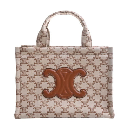 Celine Small Hippo Tice Canvas Leather Triomphe Handbag Beige/Brown Women's