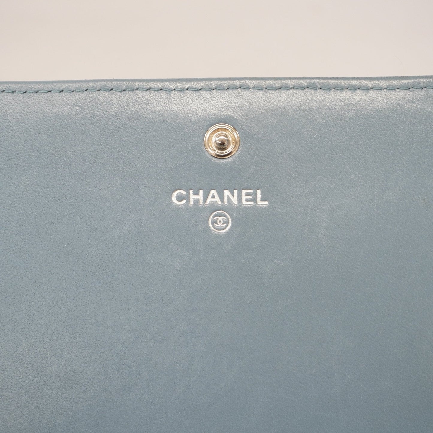 Chanel bi-fold long wallet lambskin light blue silver metal