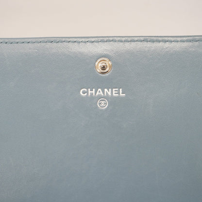 Chanel bi-fold long wallet lambskin light blue silver metal