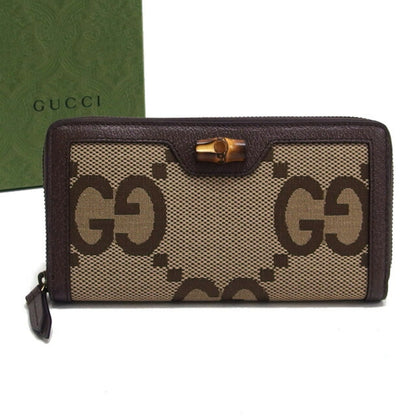 Gucci Beige Dark Brown Canvas Leather Long Wallet (Bi-Fold)