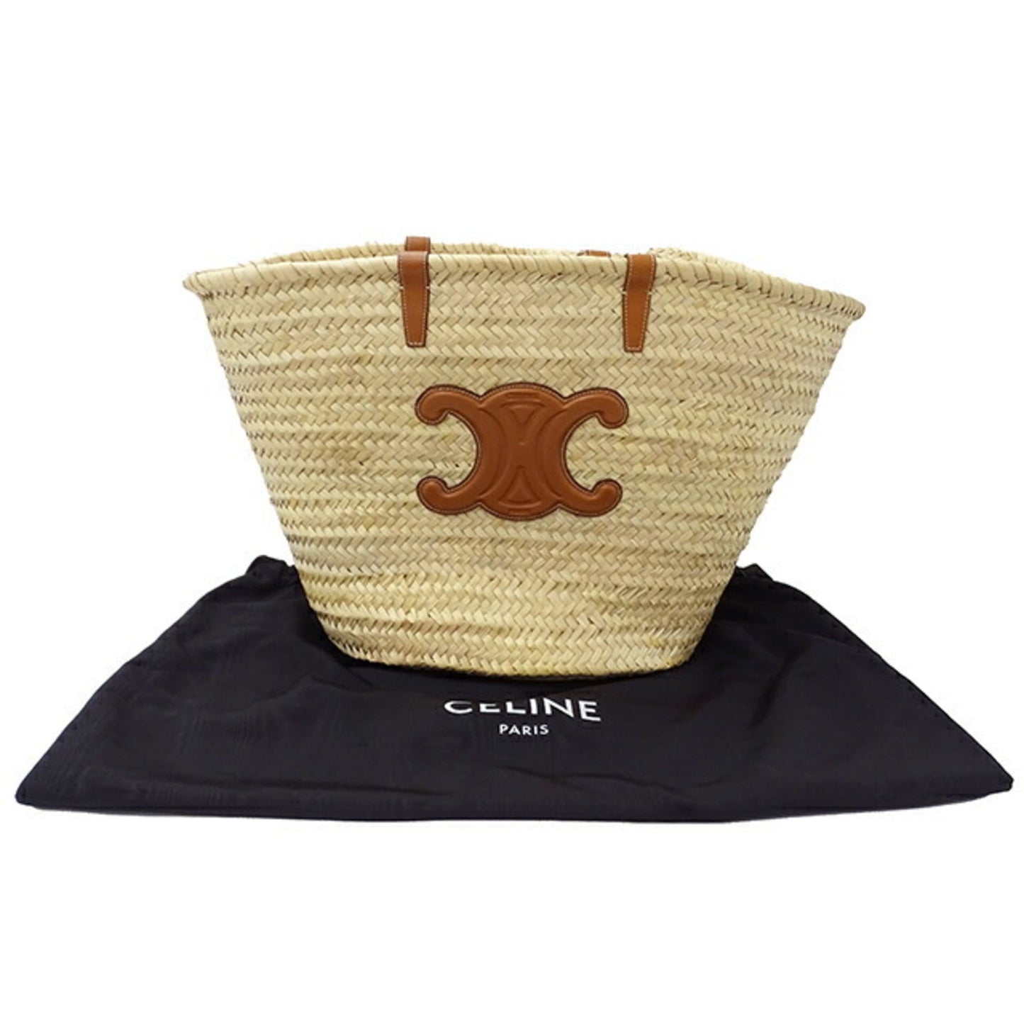 Celine Bag Ladies Triomphe Tote Raffia Calfskin Medium Classic Pannier Tan Brown Basket