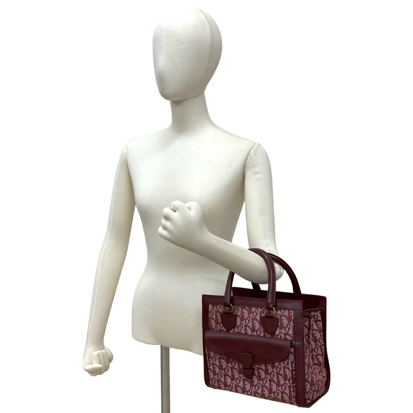 Christian Dior Red Color Wine Canvas Leather Handbag Tote Bag ()