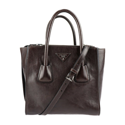 Prada HandBag BN2625 Gray Scarf MORO Dark Brown Silver Metal Fittings 2WAY Shoulder Bag All Leather [The inside is also made of leather for a luxurious feel]