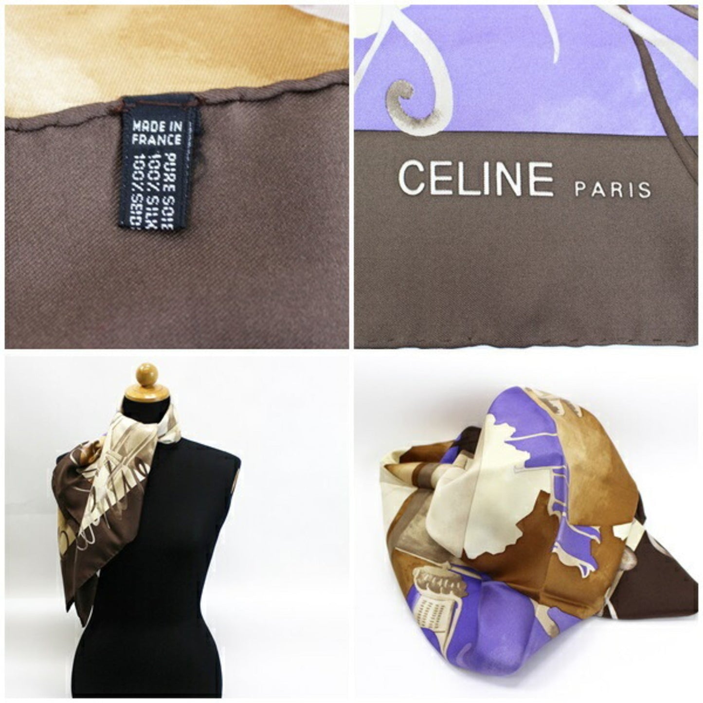 Celine Silk Scarf Muffler Airplane Pattern Brown x Blue  Women's