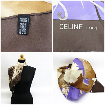 Celine Silk Scarf Muffler Airplane Pattern Brown x Blue  Women's