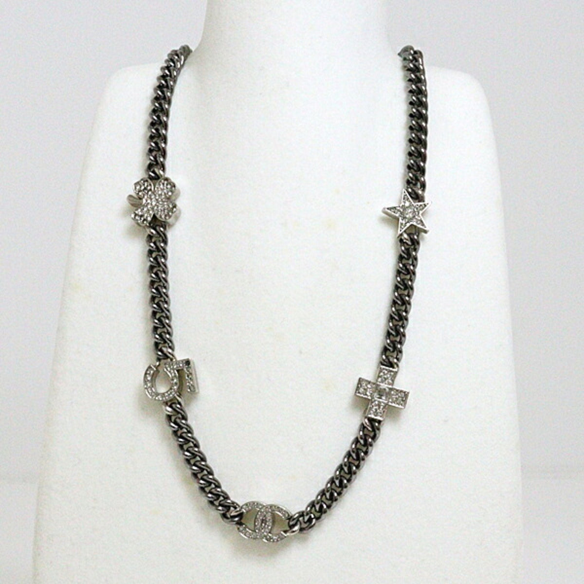 Chanel Necklace Coco Mark Clover Star 5 Cross Rhinestone A22P Gunmetal Silver