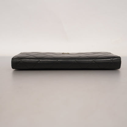 ChanelAuth  Matelasse Long Wallet Silver Metal Fittings Women's Lambskin Black