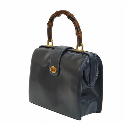 Gucci Old Bamboo Handbag Gold Crest Navy Leather Women's