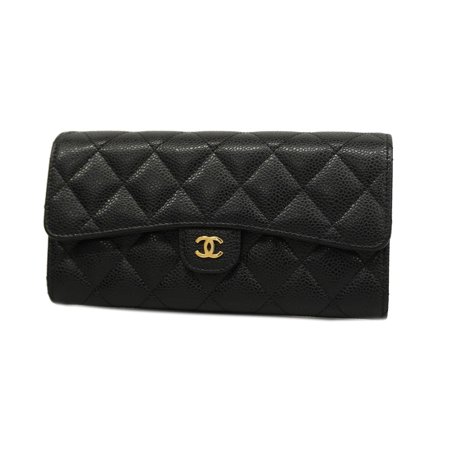 CHANEL   Matelasse Bi-fold Long Wallet Gold Metal Fittings Women's Caviar