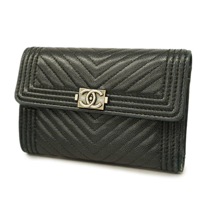 ChanelAuth  Boy  Tri-fold Wallet Silver Metal Fittings Women's Caviar