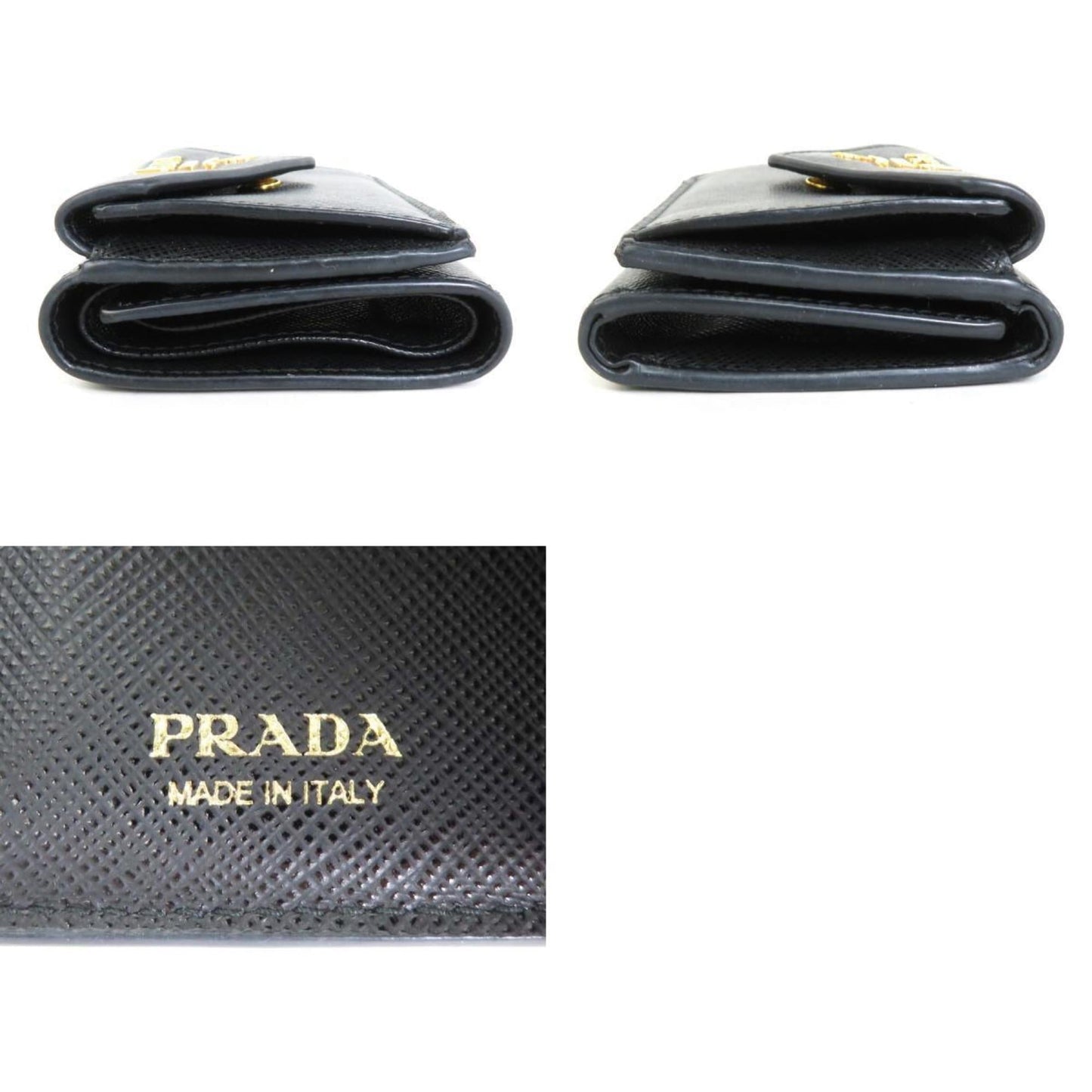 Prada tri-fold wallet leather black gold unisex