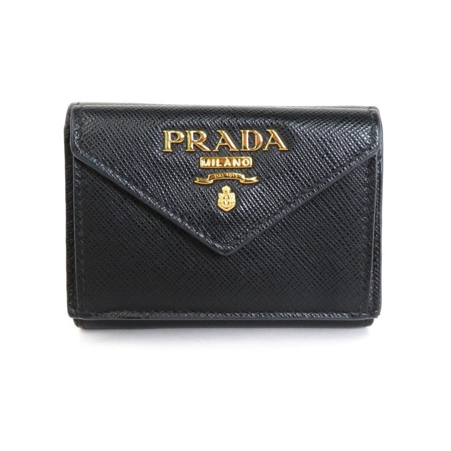 Prada tri-fold wallet leather black gold unisex