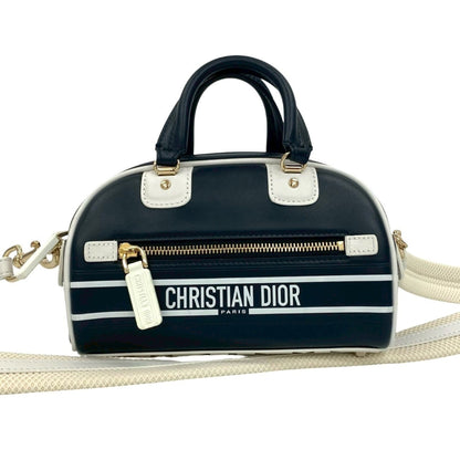 Christian Dior Navy White Leather Handbag Shoulder Bag ()