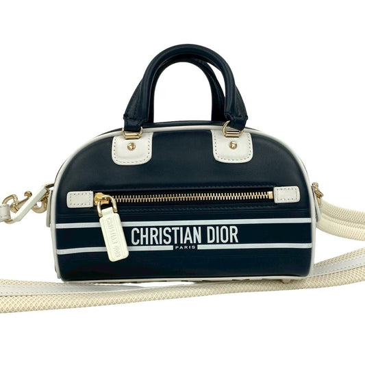 Christian Dior Navy White Leather Handbag Shoulder Bag ()