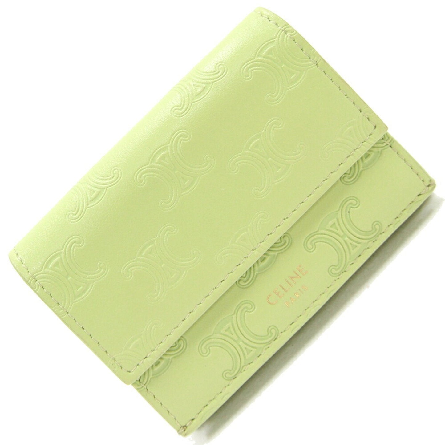 Celine Trifold Wallet Triomphe Embossed Fold 10E603BFU Light Green Leather Women's