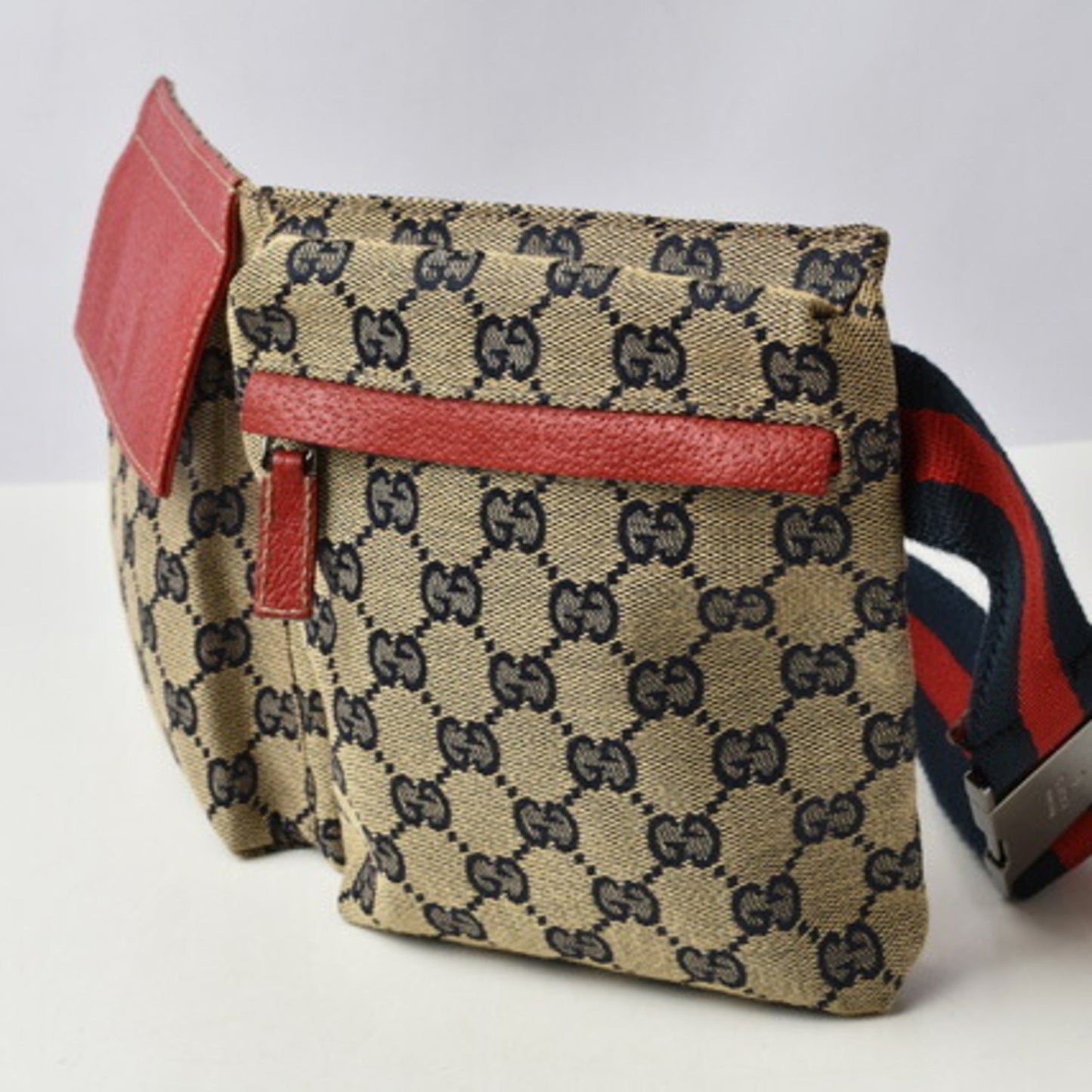 Gucci Waist Pouch/Body Bag GUCCI Canvas GG Blue/Beige Red 28566