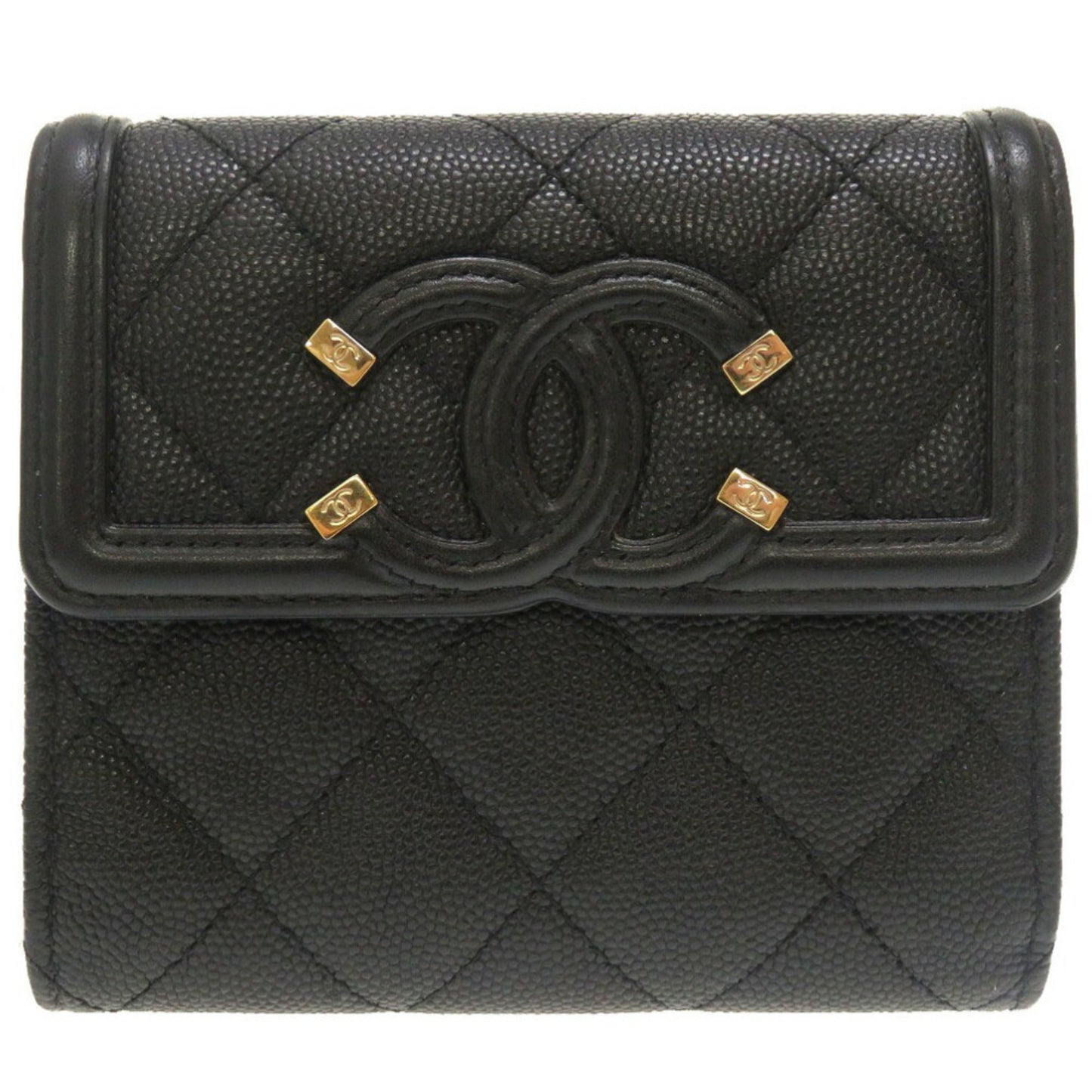 CHANEL CC Filigree Matelasse Caviar Skin Black 28th Series AP0375 Trifold Wallet Cocomark