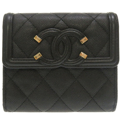 CHANEL CC Filigree Matelasse Caviar Skin Black 28th Series AP0375 Trifold Wallet Cocomark