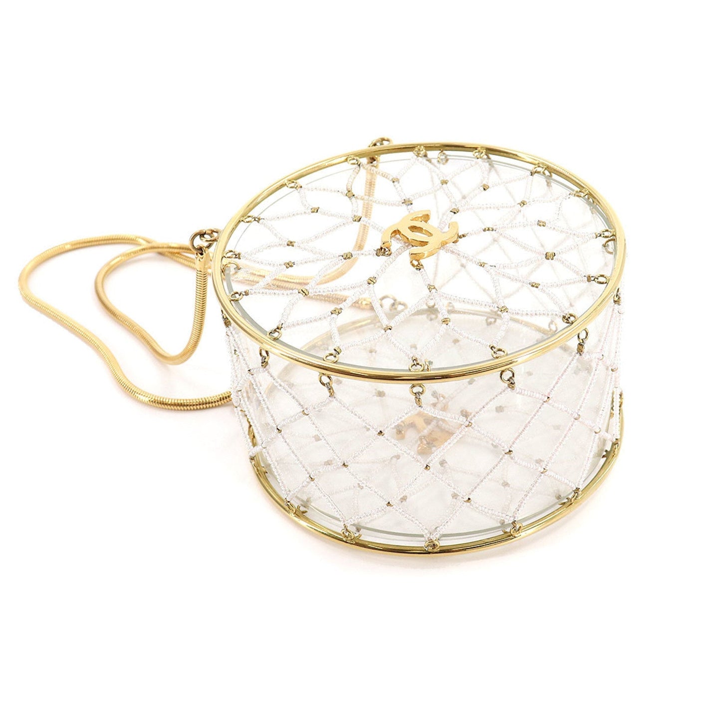 Chanel beads hand bag clear white gold metal fittings here mark
