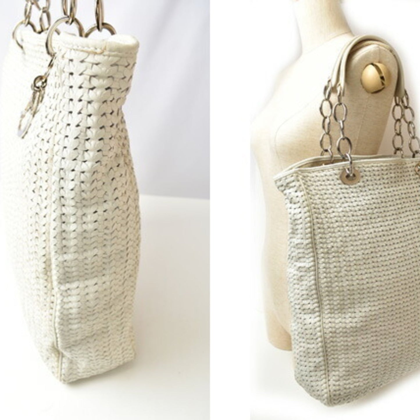 Christian Dior Lady Dior Silver White Leather Tote Bag ()