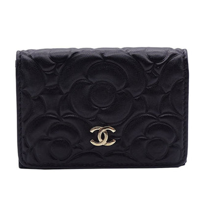 Chanel Wallet Women's Trifold Leather Camellia Black