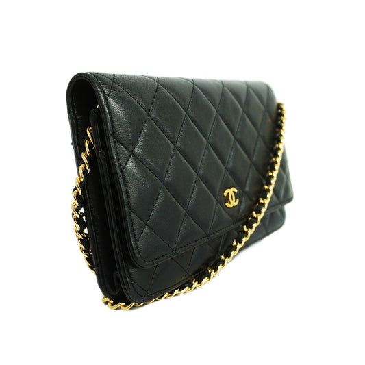 CHANEL   Matelasse Chain Shoulder Gold Hardware Lambskin Wallet Black