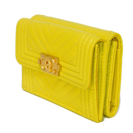 Chanel Trifold Wallet Boy  Small Flap Turnlock Caviar Skin Chevron Yellow A84432 Men's Women's Bill Purse