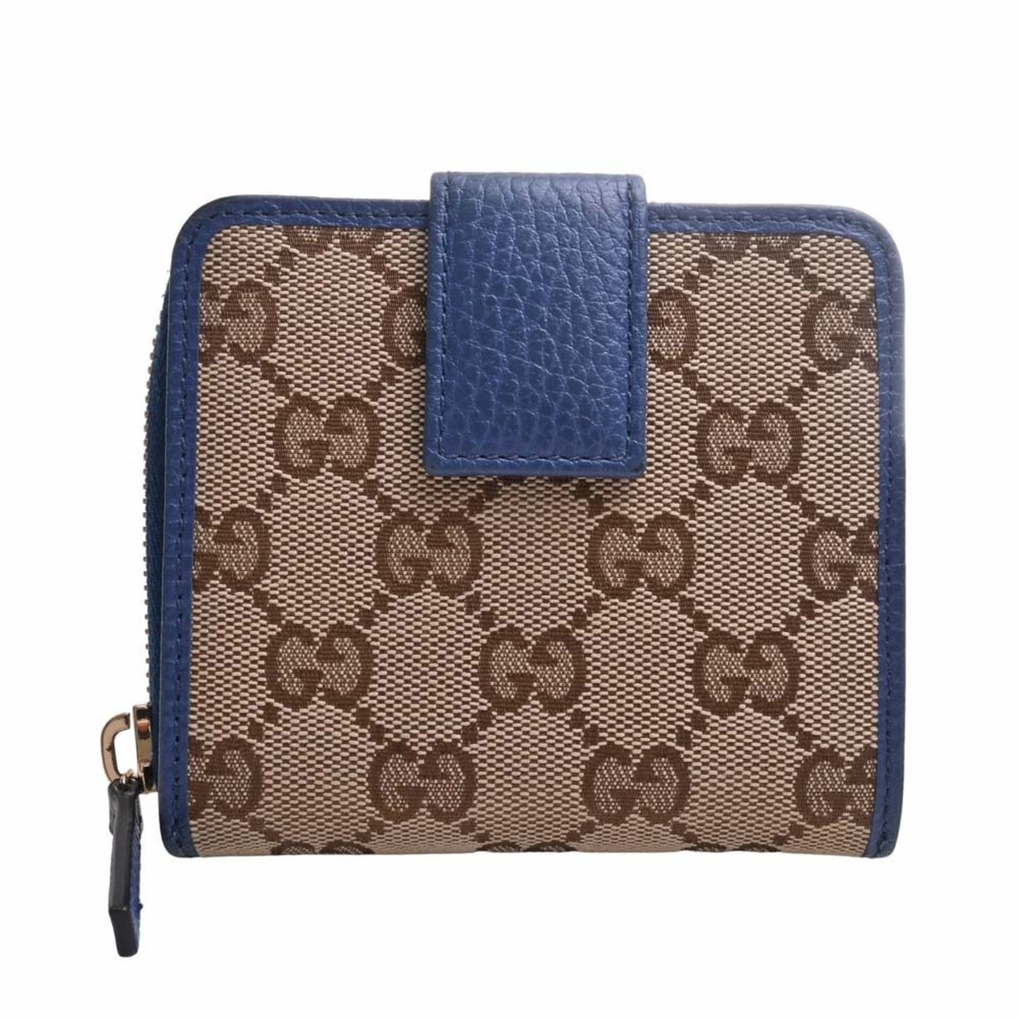 GUCCI GG Canvas Round Zipper Bifold Compact Wallet 346056 Beige/Blue Women's