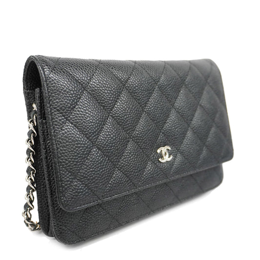 ChanelAuth  Matelasse Silver Hardware Caviar Leather Chain/Shoulder Wallet Black