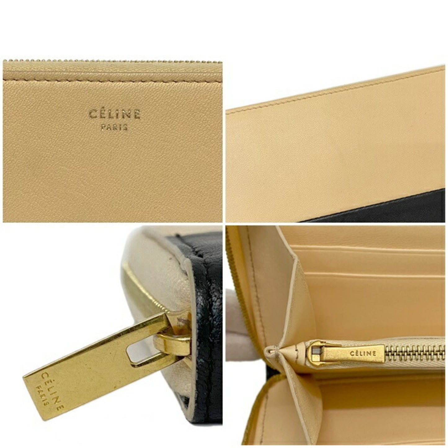 Celine Round Wallet Beige Black Gold 102623HTM Bicolor Leather Celine Two Tone Color Ladies Adult